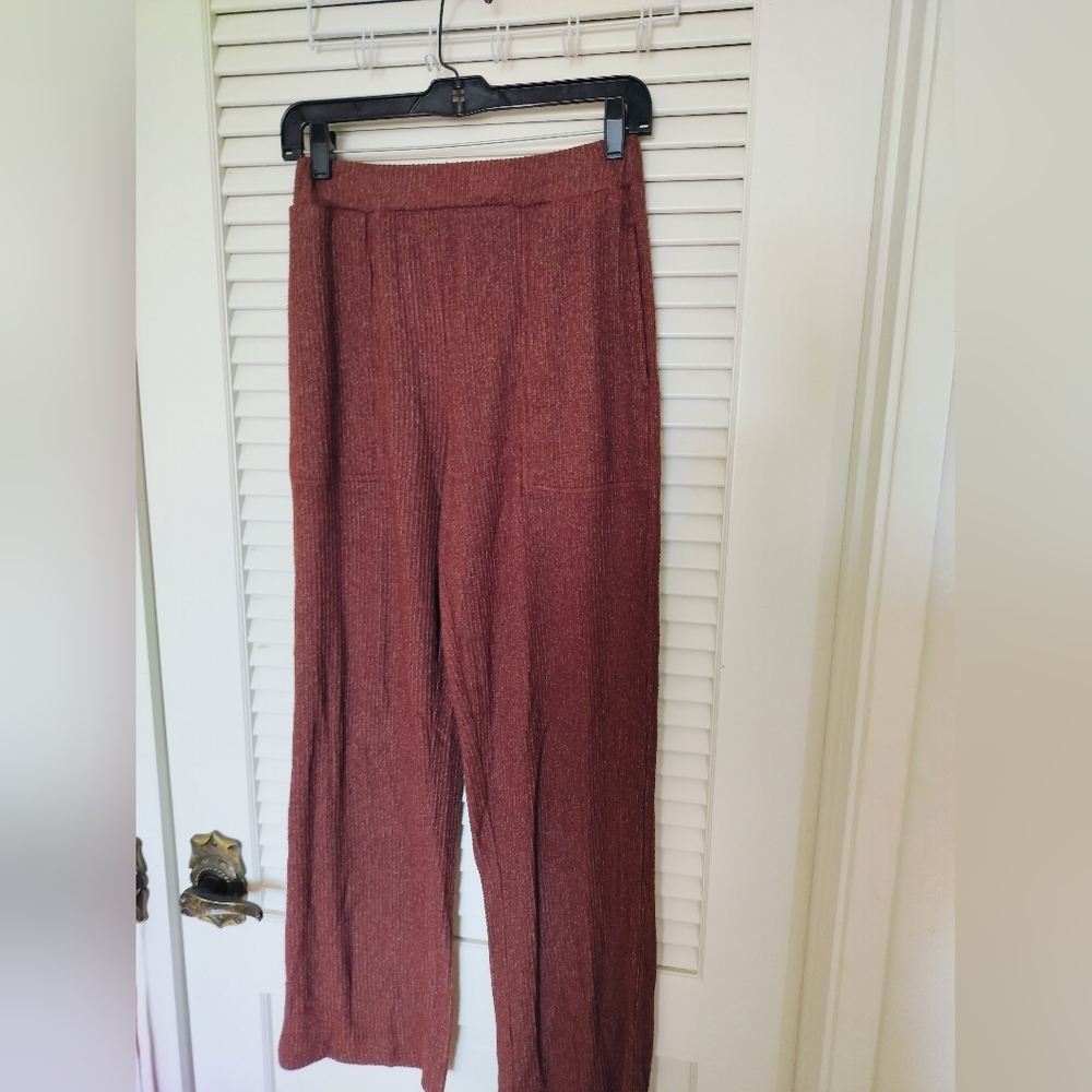 Free People Beach Wide Leg Ribbed Pants Elastic Waist Pockets Size Small Brown